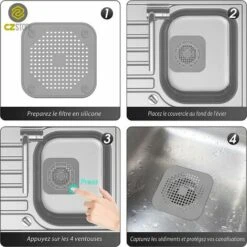 TINOR Francaise Filtre Cheveux Douche--Attrape Cheveux Douche|Gris OU Blanc|Filtre Evier/Baignoire/Douche En Silicone-Bouchon Caoutchouc Salle De Bain/Cuisine，14*14cm (Gris，2pièce) -Promos Raccord d'arrosage Magasin 53994769 5